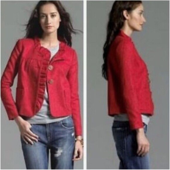 J. Crew Womens Coat Red Wool Herringbone Fiona Jacket Size 4 Coquette Academia - Picture 1 of 6